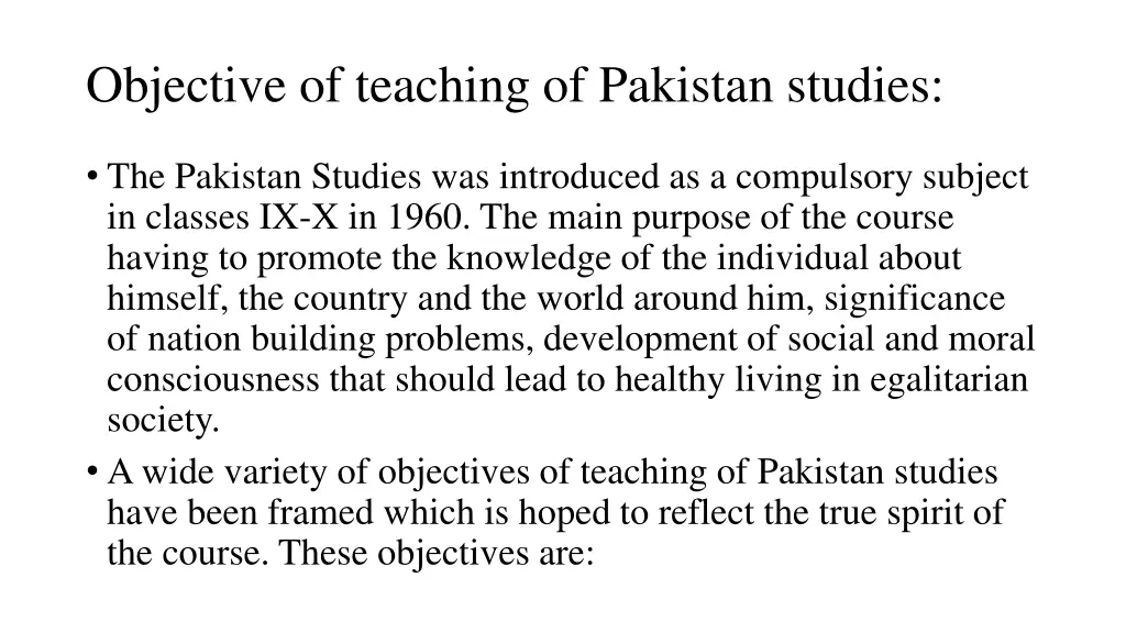 objective of teaching of pakistan studies