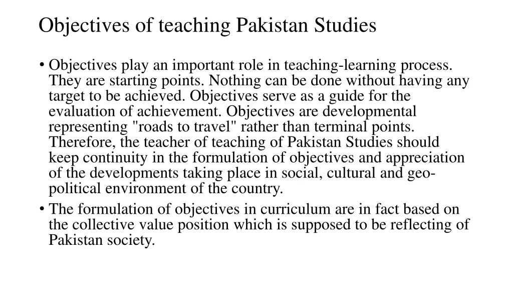 objectives of teaching pakistan studies