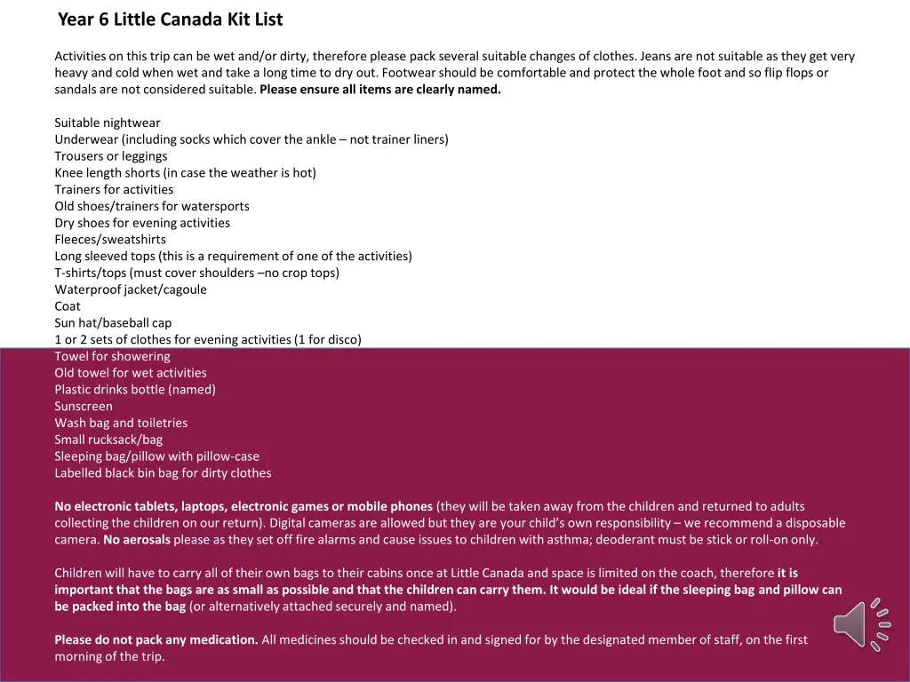 year 6 little canada kit list