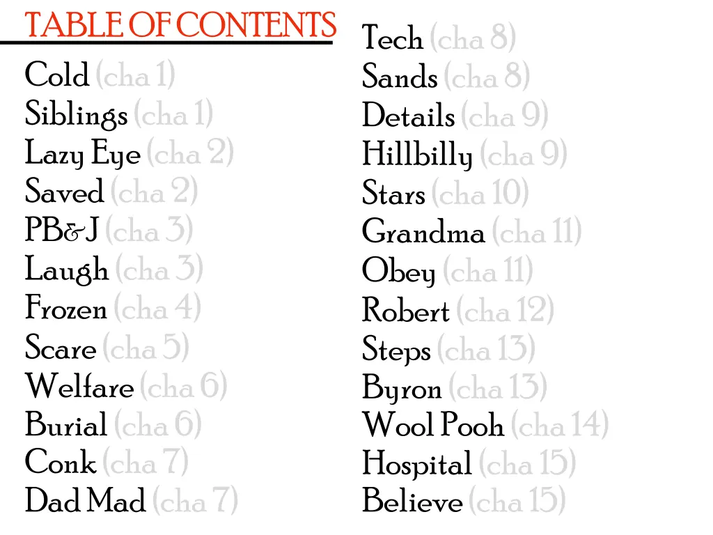 table of contents cold cha 1 siblings cha 1 lazy