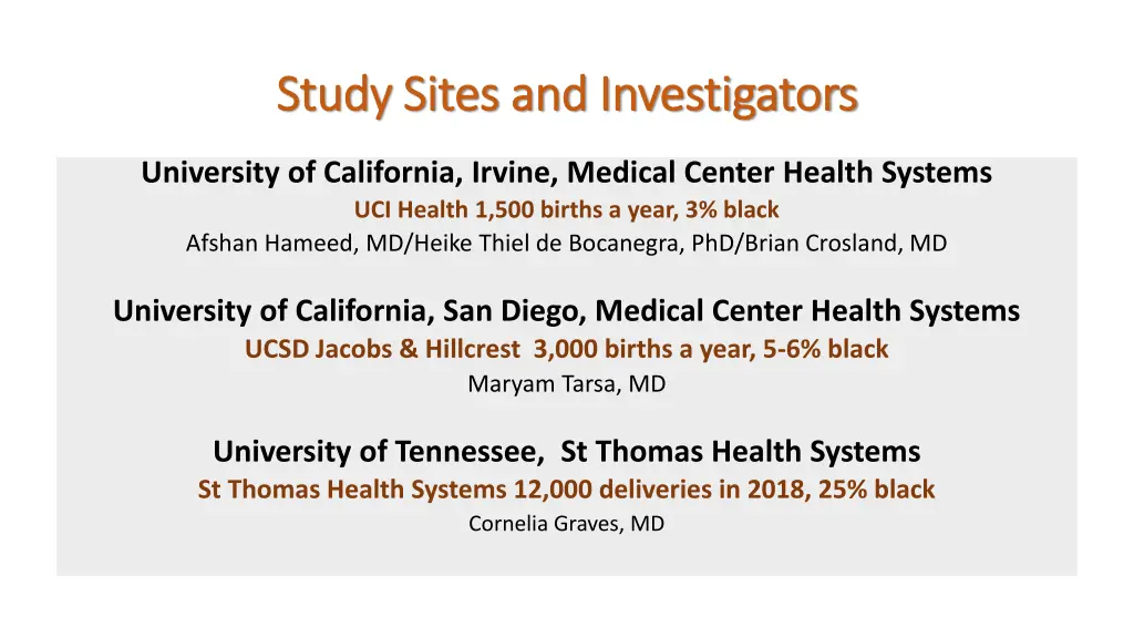 study sites and investigators study sites