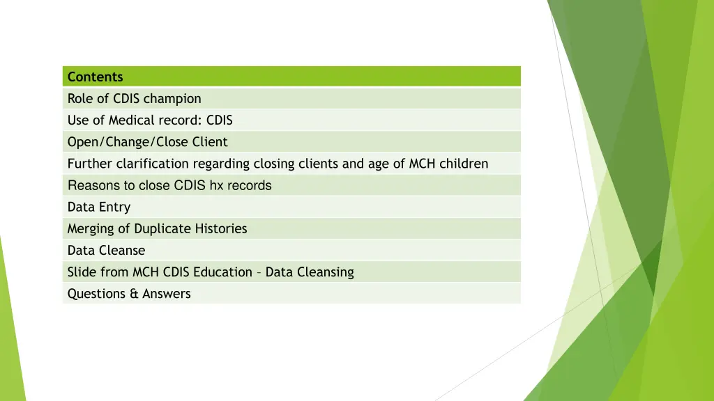 contents role of cdis champion use of medical