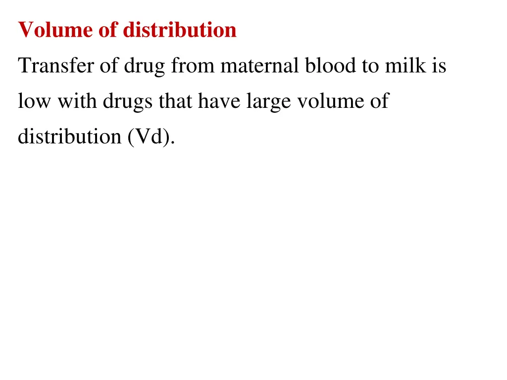 volume of distribution transfer of drug from