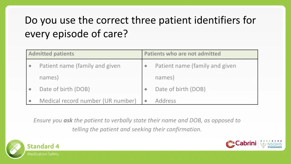 do you use the correct three patient identifiers