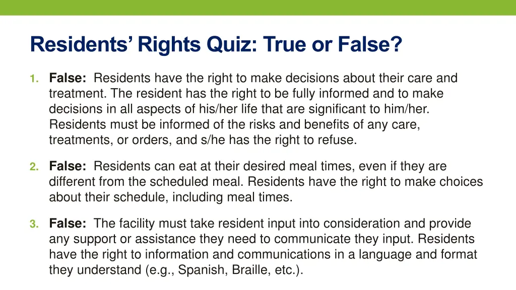 residents rights quiz true or false 1