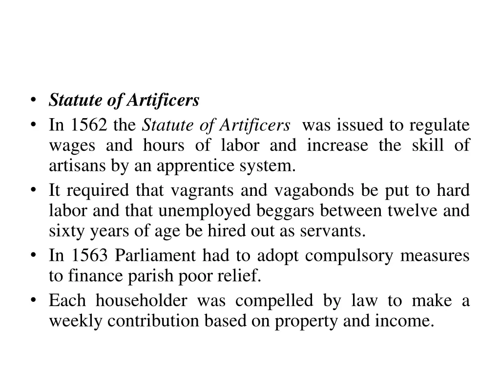 statute of artificers in 1562 the statute