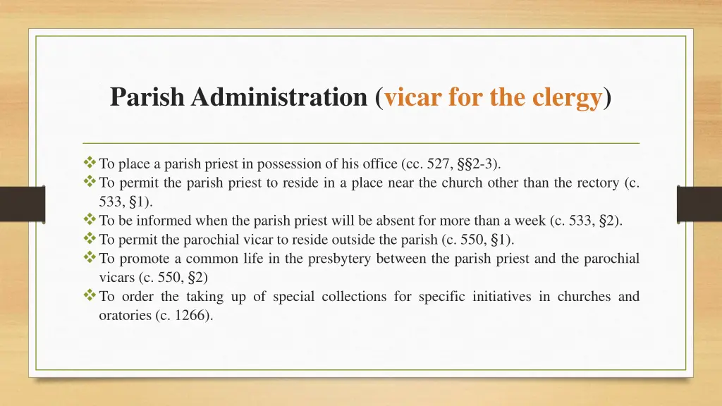 parish administration vicar for the clergy