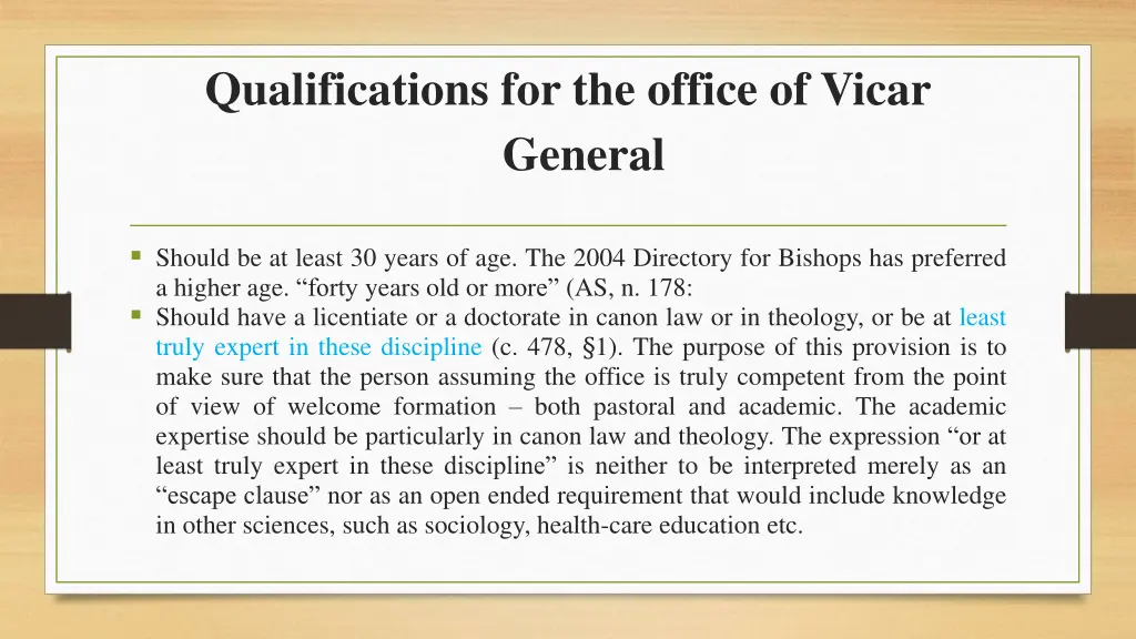 qualifications for the office of vicar general 2