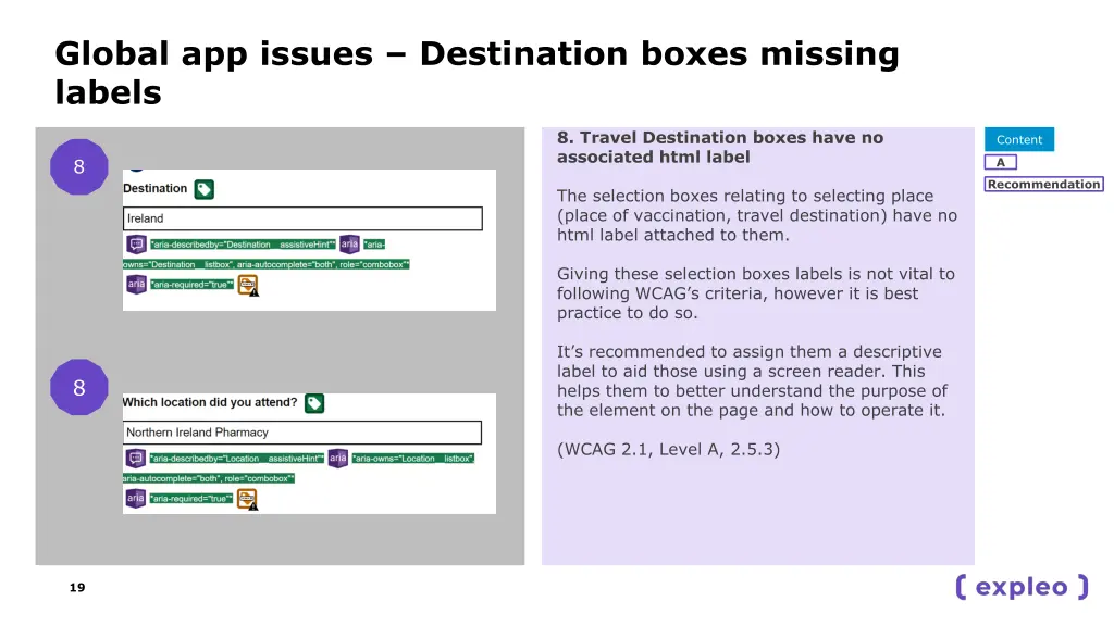 global app issues destination boxes missing labels