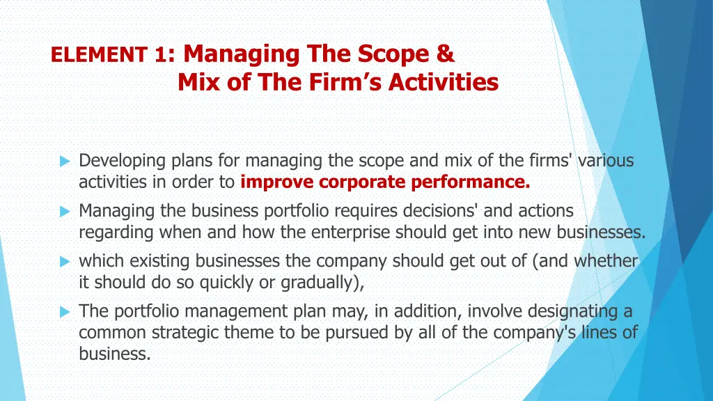 element 1 managing the scope mix of the firm