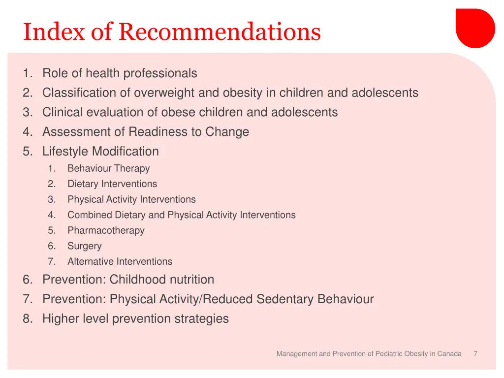 index of recommendations