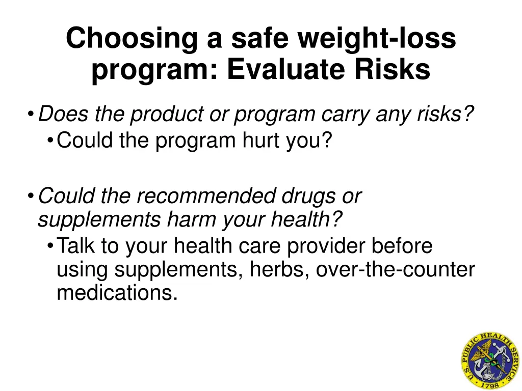 choosing a safe weight loss program evaluate risks