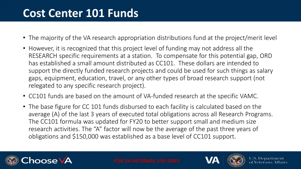 cost center 101 funds