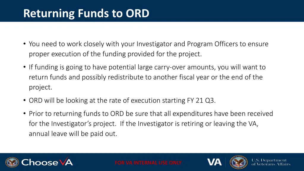 returning funds to ord