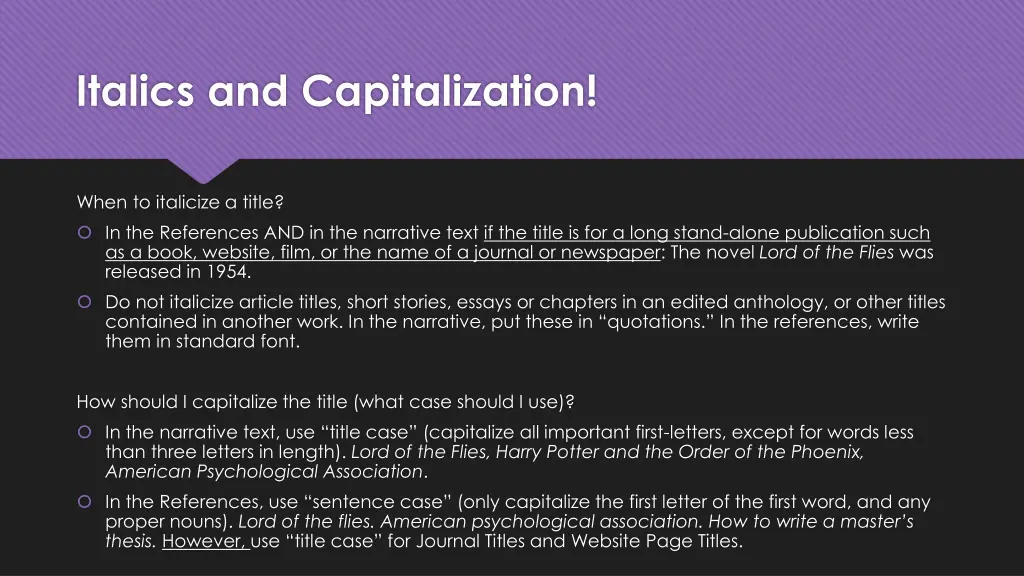 italics and capitalization