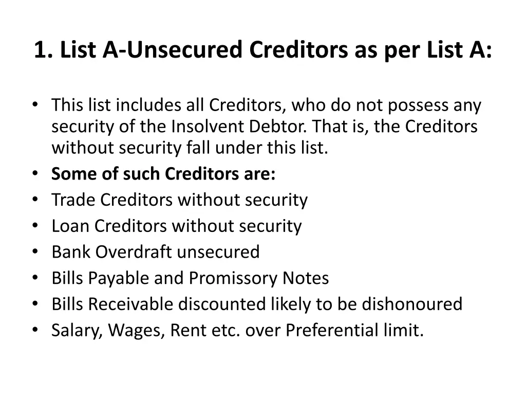 1 list a unsecured creditors as per list a