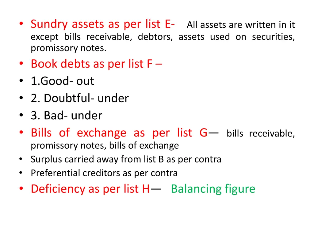 sundry assets as per list e except bills