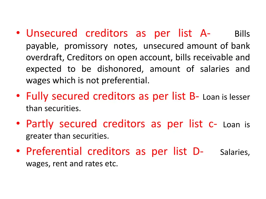 unsecured creditors as per list a payable