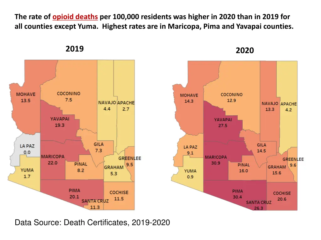 the rate of opioid deaths per 100 000 residents