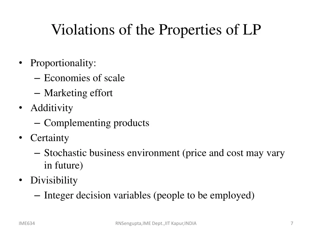 violations of the properties of lp