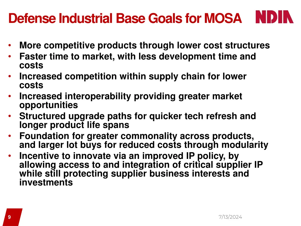 defense industrial base goals for mosa