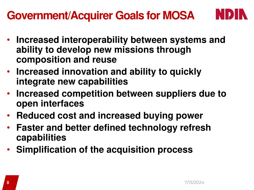 government acquirer goals for mosa