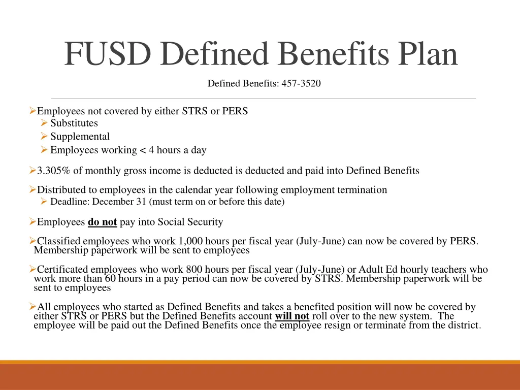 fusd defined benefits plan defined benefits