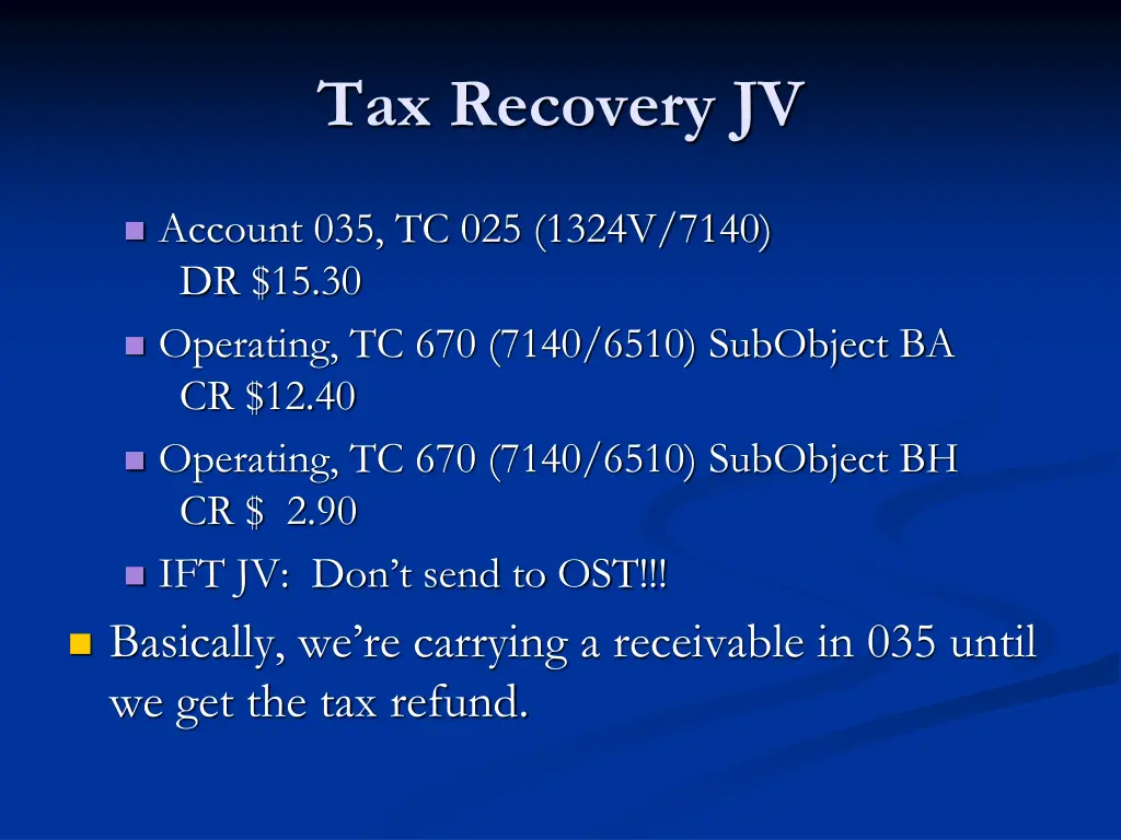 tax recovery jv