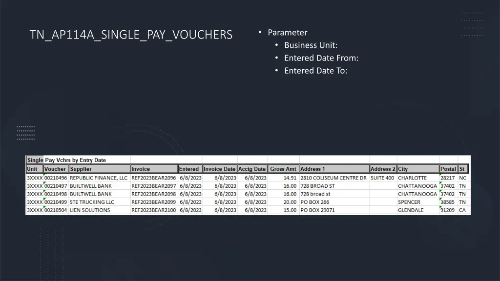 parameter business unit entered date from entered