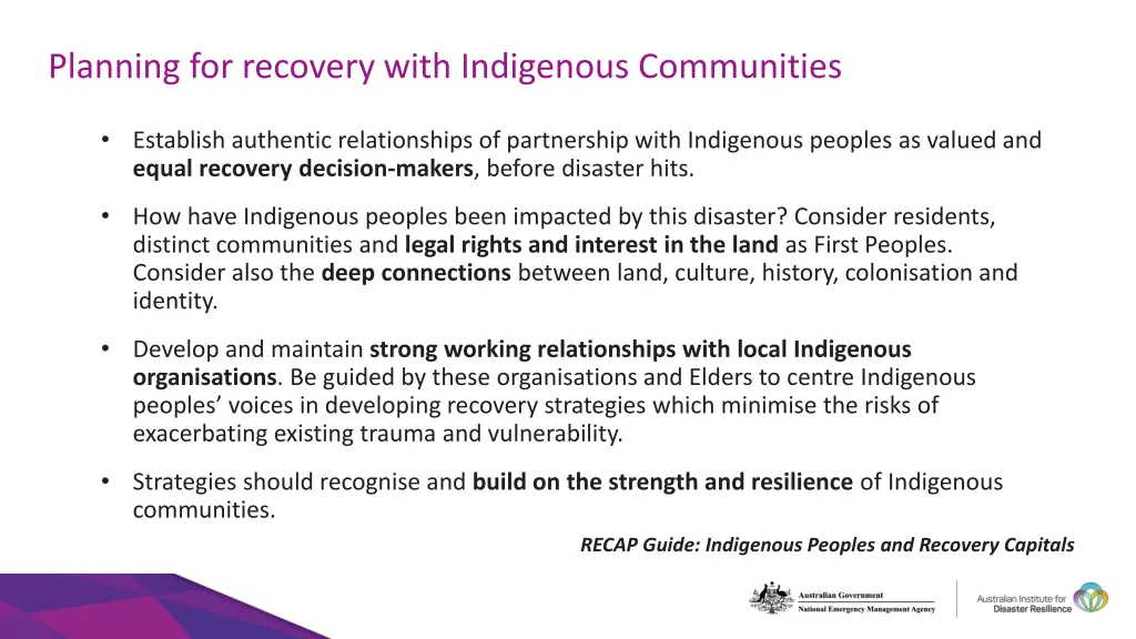 planning for recovery with indigenous communities