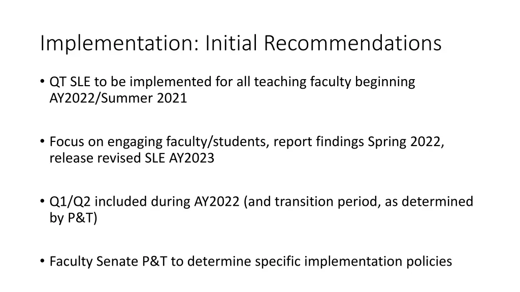 implementation initial recommendations