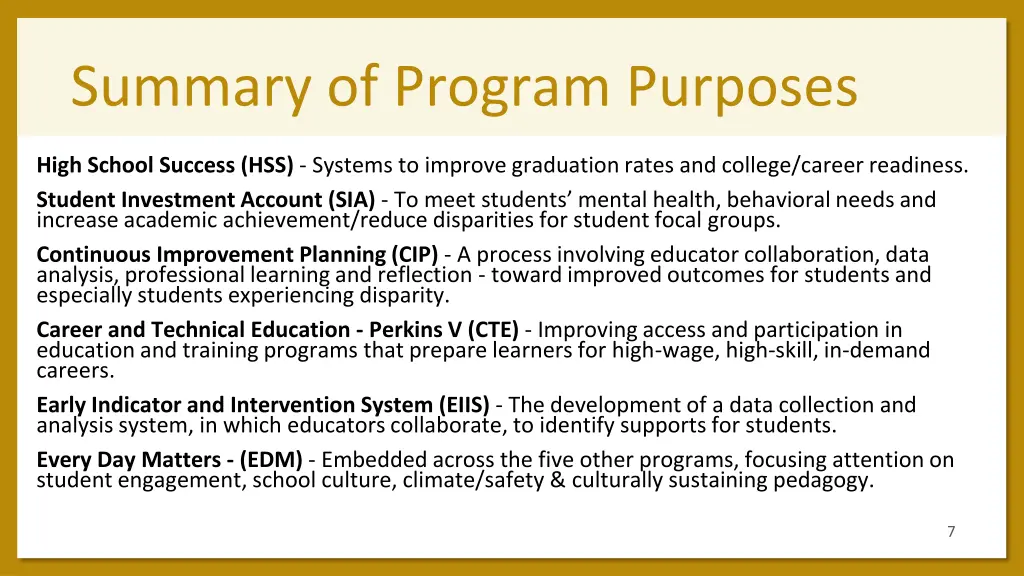 summary of program purposes