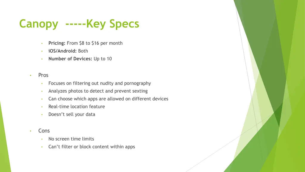 canopy key specs