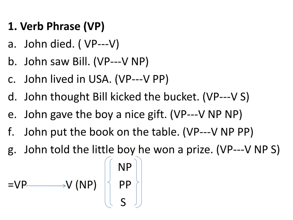 1 verb phrase vp a john died vp v b john saw bill