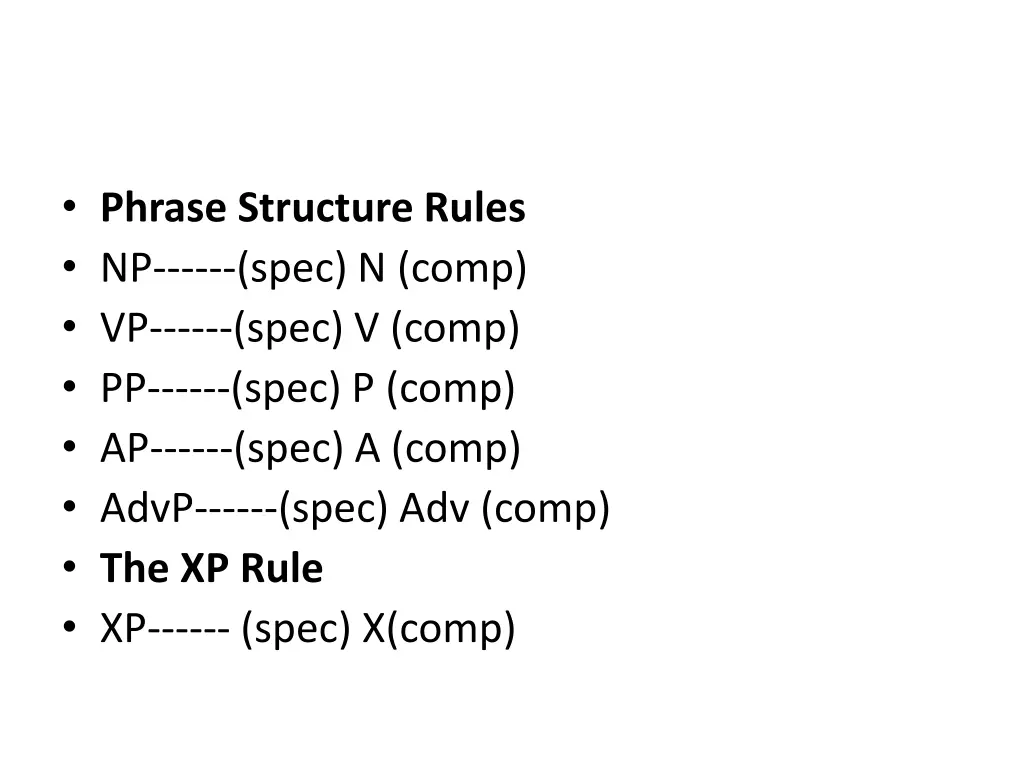 phrase structure rules np spec n comp vp spec