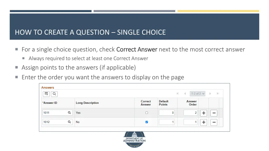 how to create a question single choice