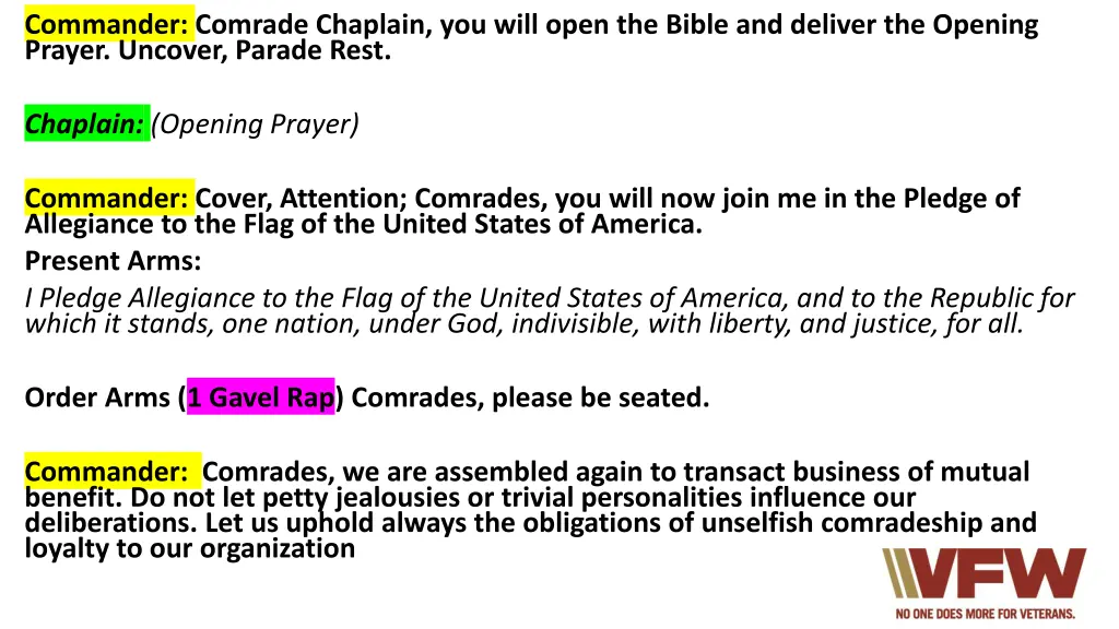 commander comrade chaplain you will open