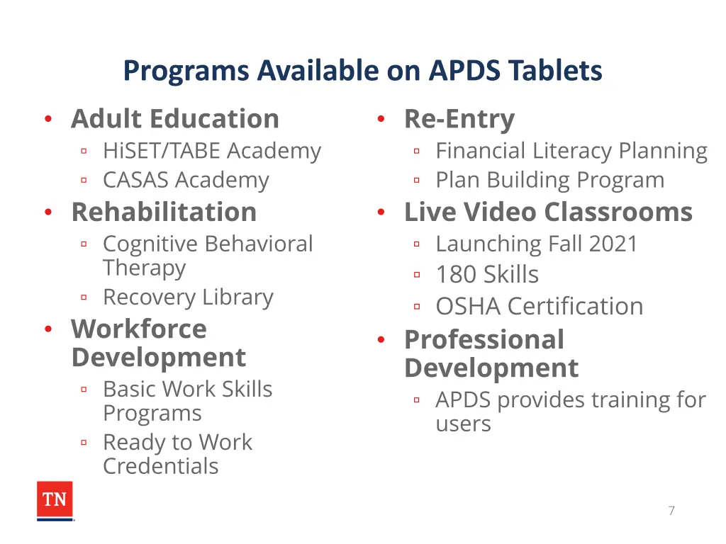 programs available on apds tablets adult