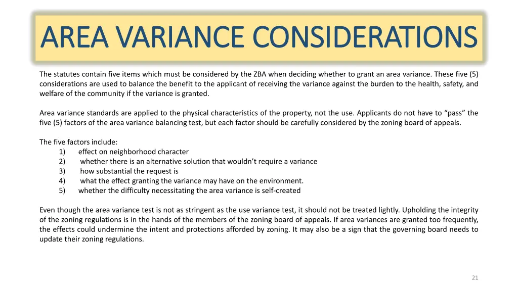 area variance considerations area variance