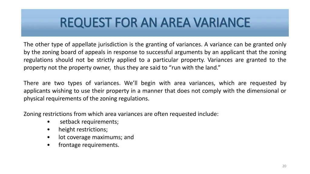 request for an area variance request for an area