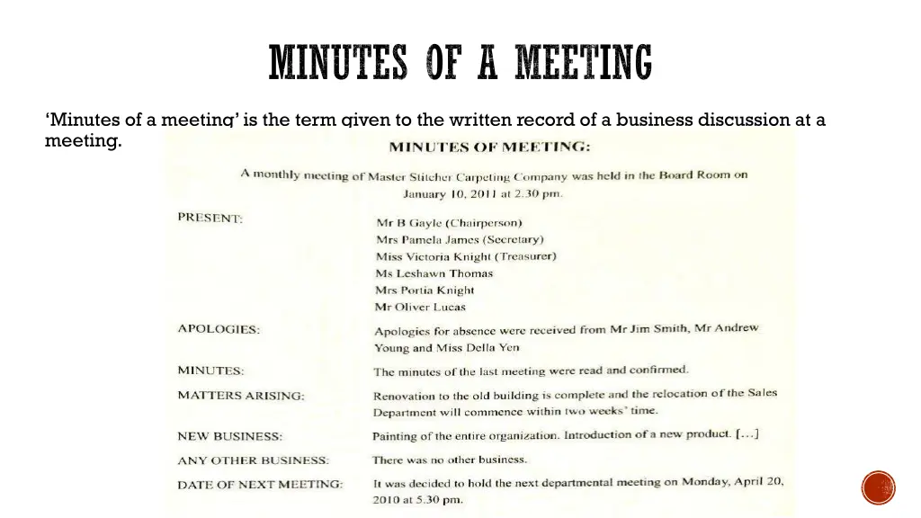 minutes of a meeting