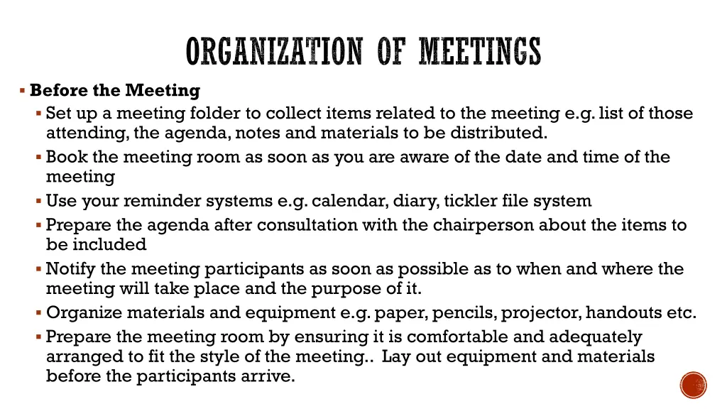 organization of meetings before the meeting