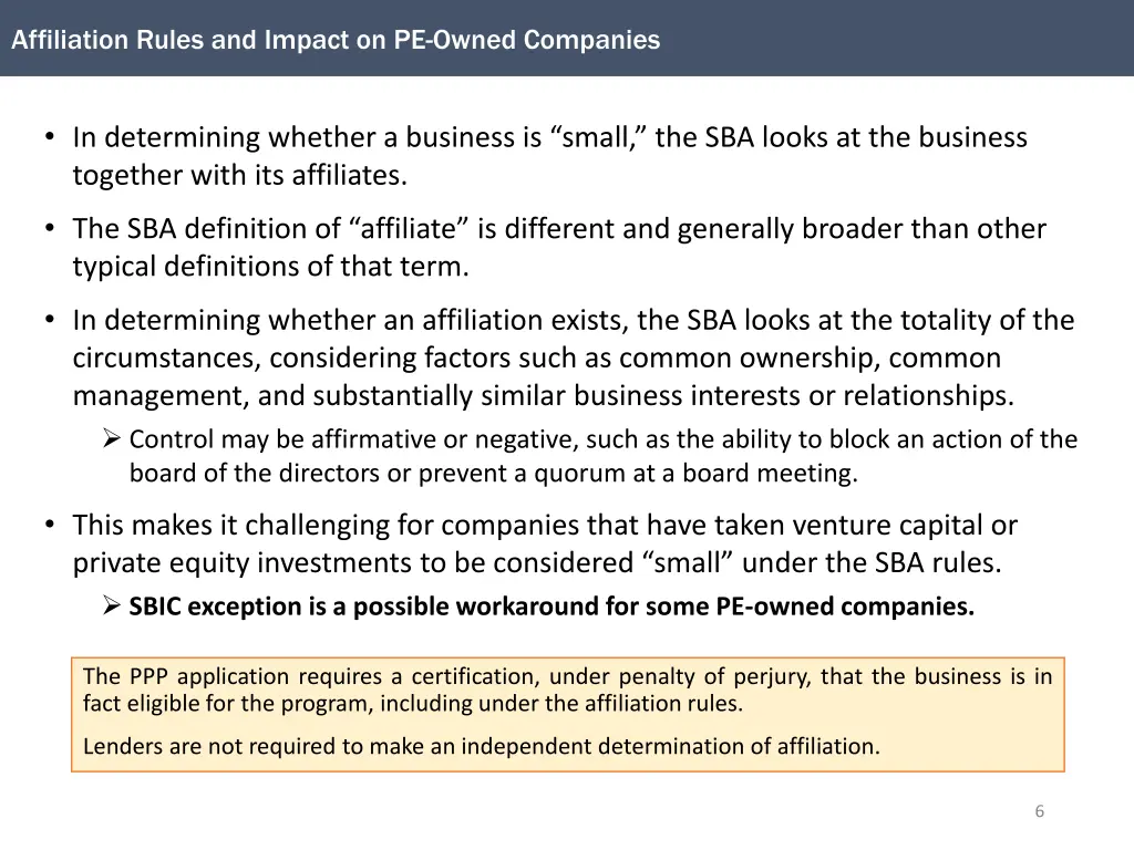 affiliation rules and impact on pe owned companies