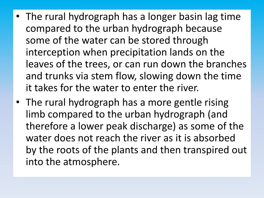 the rural hydrograph has a longer basin lag time