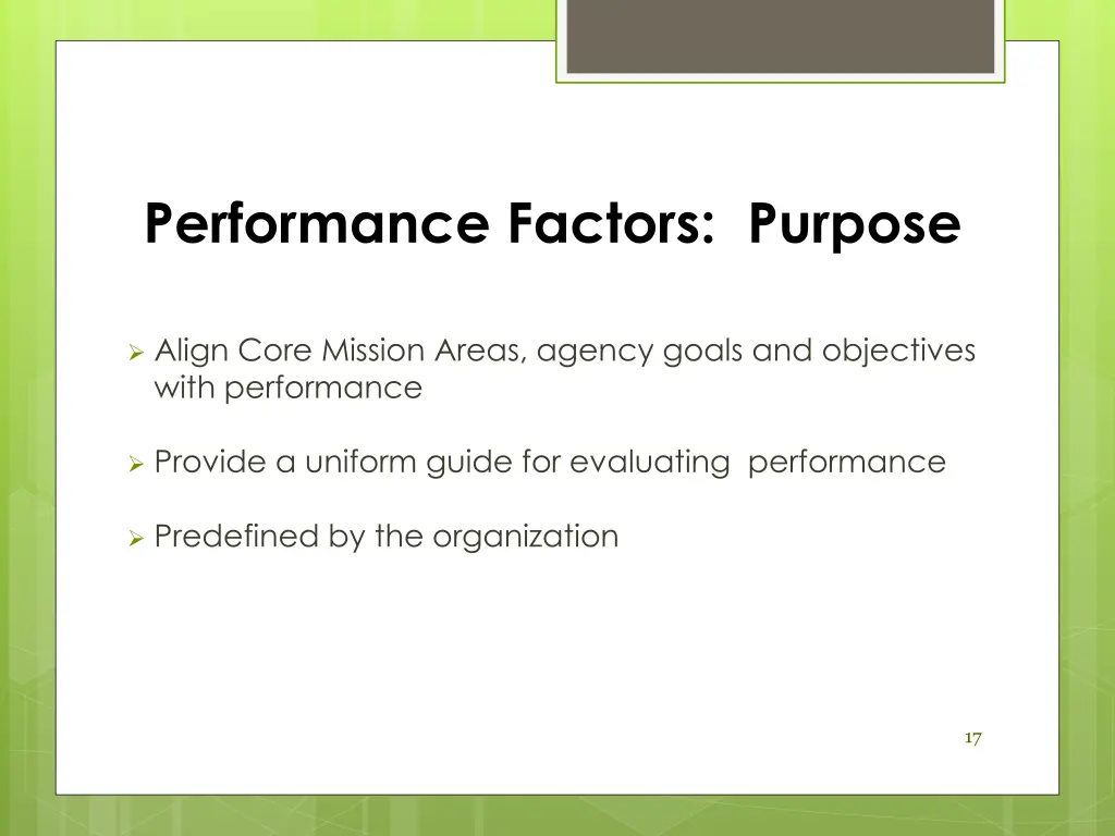 performance factors purpose