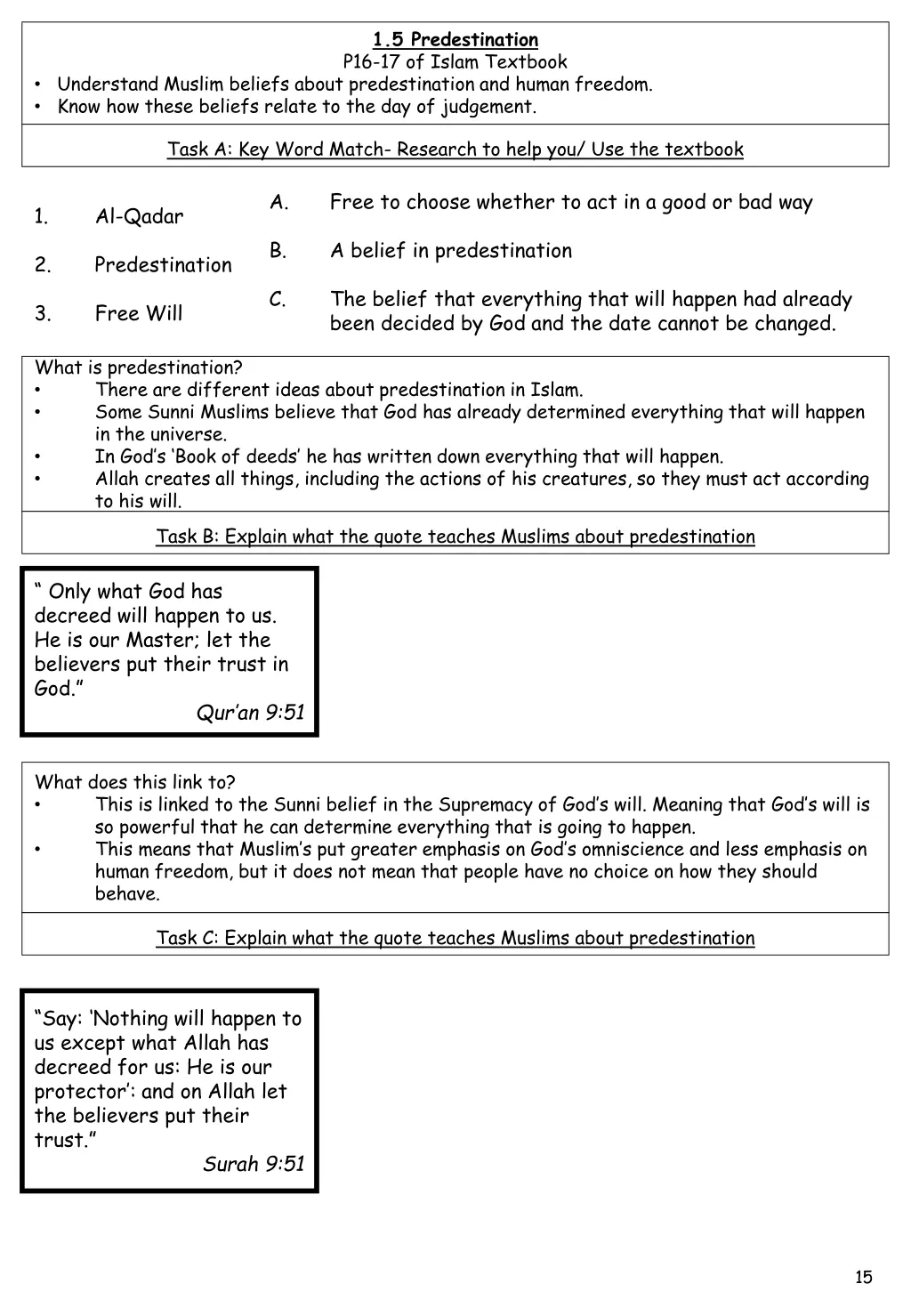 1 5 predestination p16 17 of islam textbook