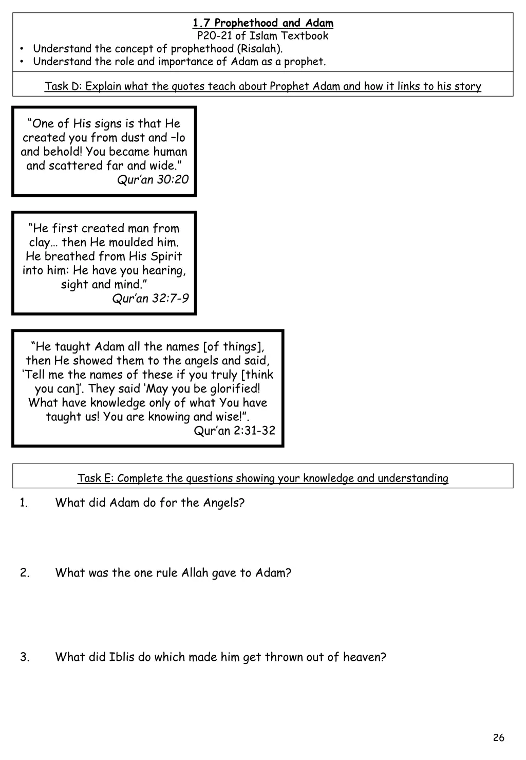 1 7 prophethood and adam p20 21 of islam textbook 2