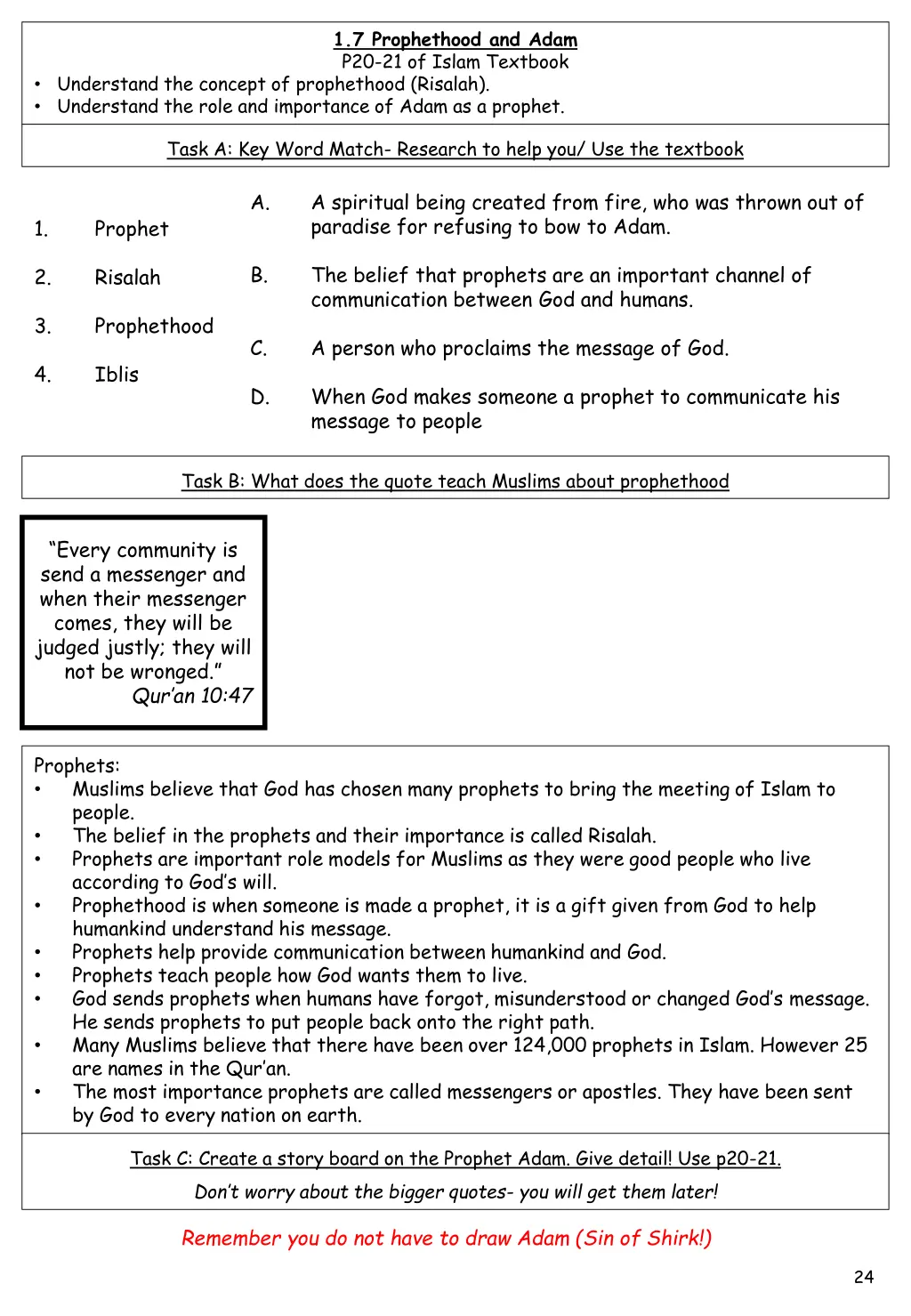 1 7 prophethood and adam p20 21 of islam textbook