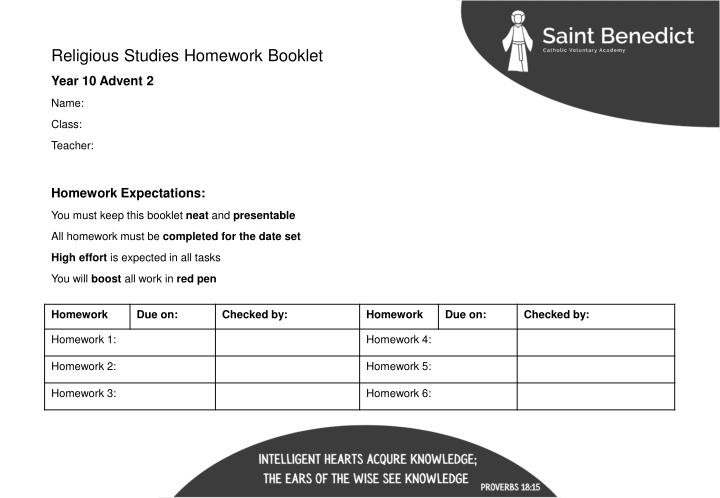 religious studies homework booklet