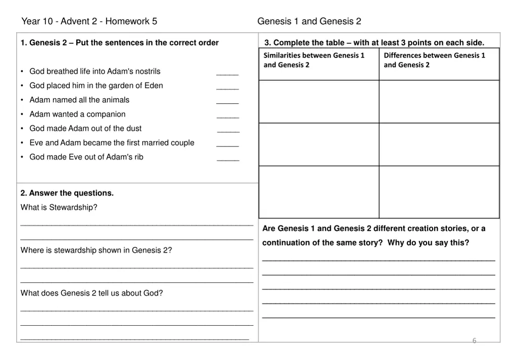 year 10 advent 2 homework 5 genesis 1 and genesis